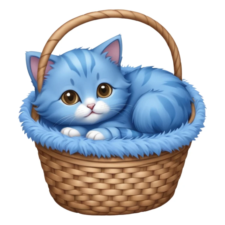 A blue kitten lying in a basket, with no details. Minimalist design, focusing on the kitten's simple and cute form in the basket. sticker