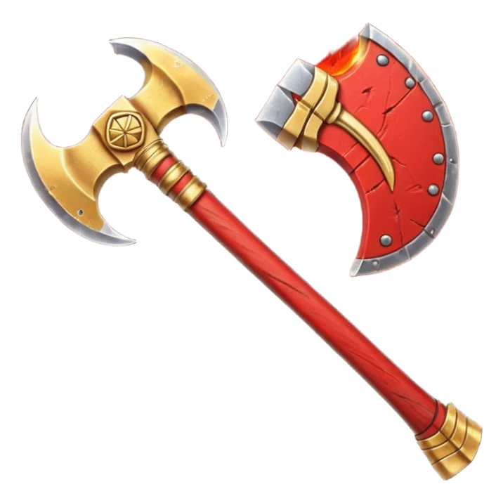 Ares battle axe object icon, ancient Greek war god axe, double-bladed heavy axe, red and gold metal, battle-worn scratches, glowing red accents, 3D cartoon, mobile game icon style, centered, clean background, soft shadow, no text, no watermark

 sticker