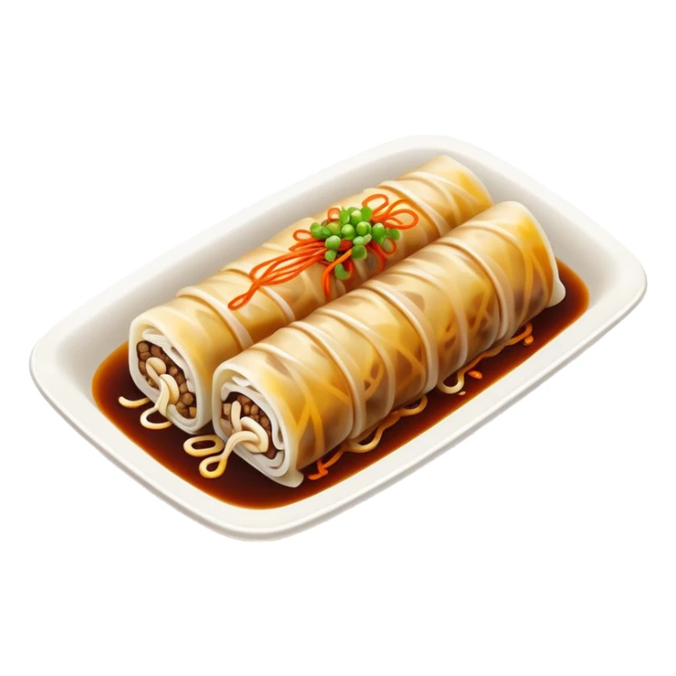 Beef rice noodle roll Ngau Yuk Cheung Fun with dark sauce drizzled on top, simplified emoji style with bold outlines and bright colors, cartoon style Cantonese street food sticker