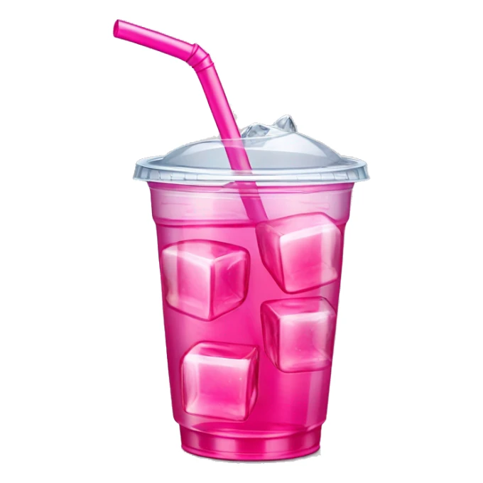 Realistic see through plastic cup and lid with Transluscent hot pink soda,straw and large ice cubes inside. sticker