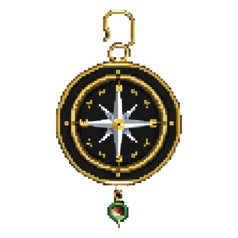 iOS compass device with gold frame and directional markers hanging from a white ribbon sticker