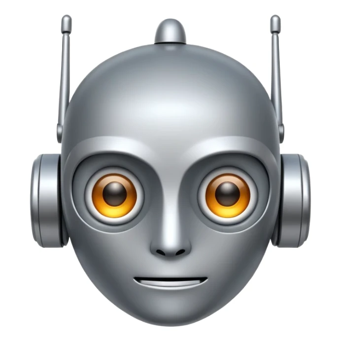 Robot face emoji with metallic features, simple antenna, digital eyes sticker