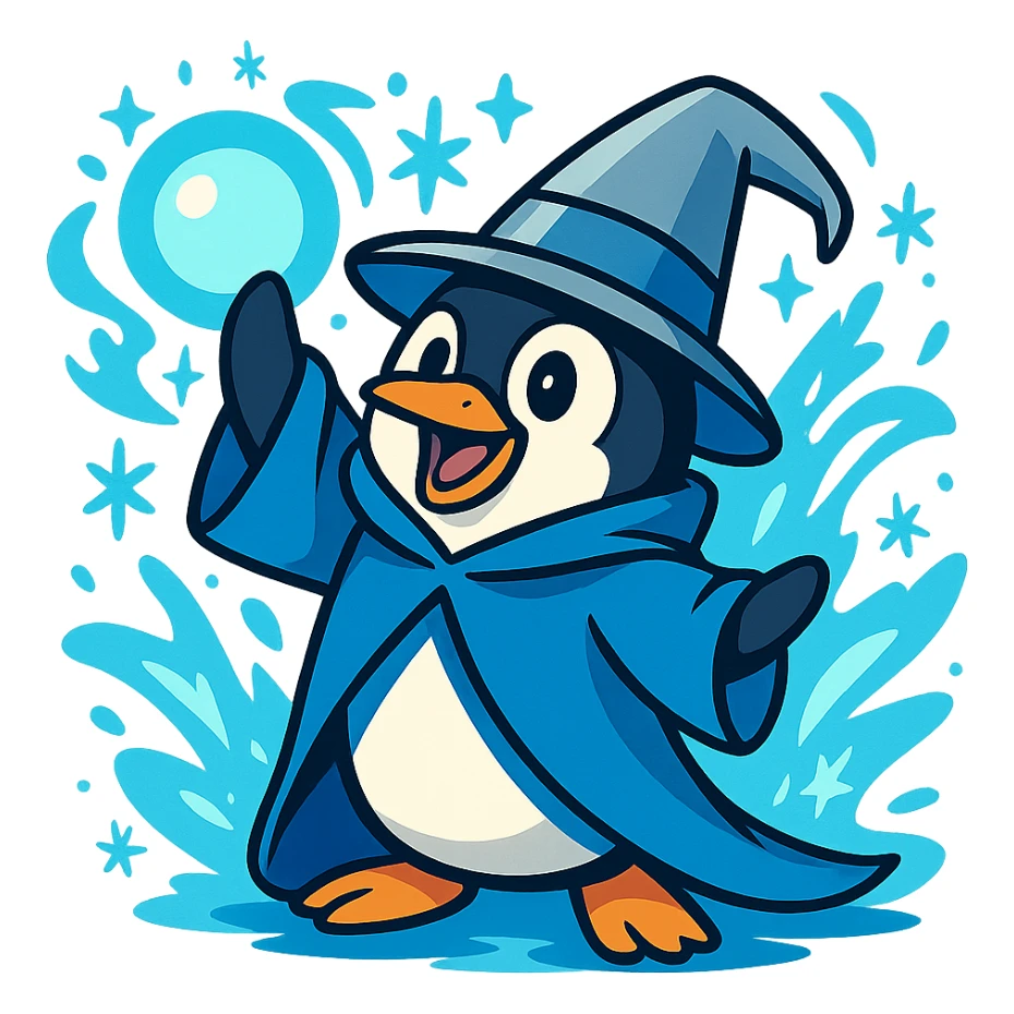 a playful penguin wizard with a blue cloak, silver hat, and glowing orb, surrounded by frosty magic effects sticker