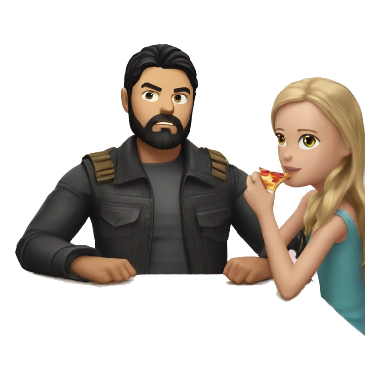 karl urban with black beard sitting at a table eating pizza with small white girl with black hair sticker