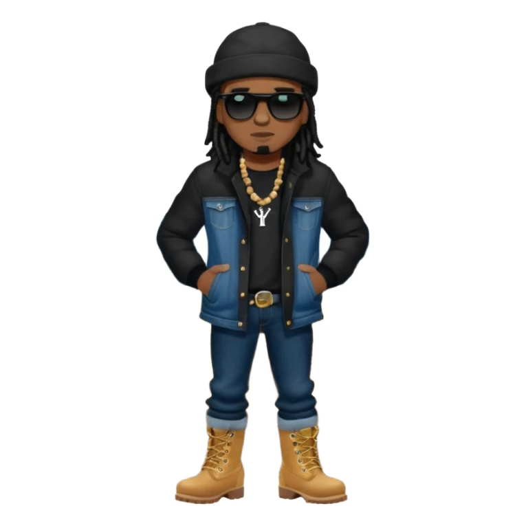 African American man with shoulder length black dreadlocks with black bead wearing black sunglasses with wearing denim skinny jeans wearing black bubble winter coat wearing black New York Yankees baseball hat and wheat timberland boots with arms folded sticker