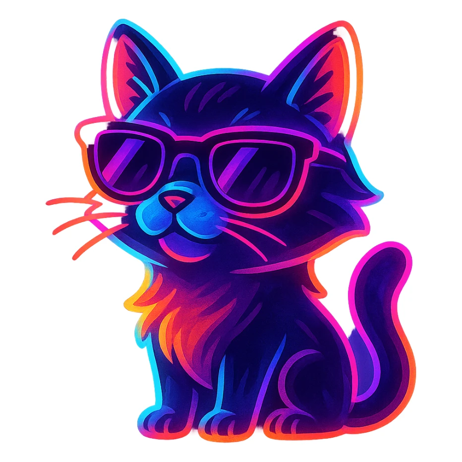 cat with sunglasses with neon glow, vibrant toon style sticker
