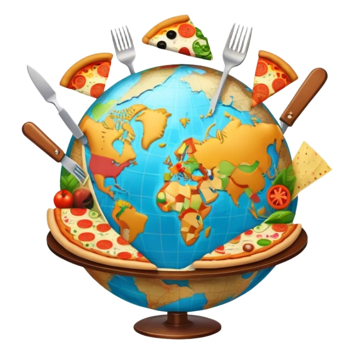 Icon for Gastronomic Tourism: a globe with various cuisines from around the world, such as pizza, sushi, tacos, and pasta, surrounded by food-related travel elements like a fork, knife, and map. Transparent background. sticker