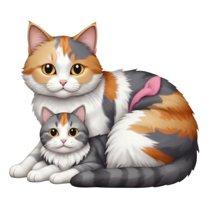 full body colourful light patched calico + white tabby cat cuddling a large grey and white cat  sticker