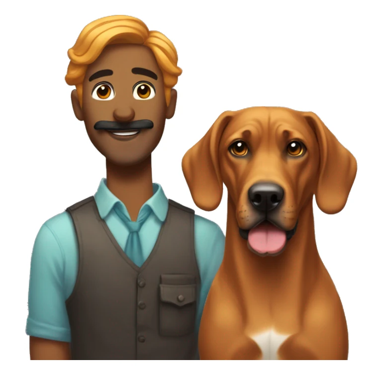 white male with long rainbow colored hair and a curled mustache standing alongside a brown rhodesian ridgeback dog sticker