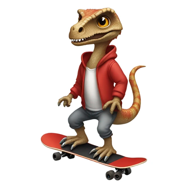 Velociraptor riding a skateboard with a red hoodie and joggers on sticker