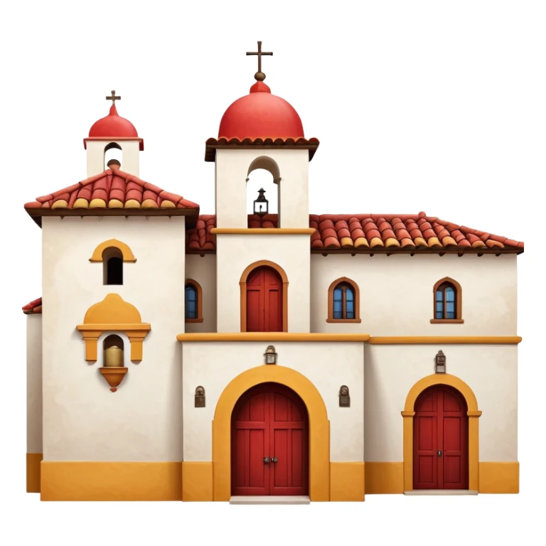 Spanish mission style house with bell tower and arches, displaying a Spanish flag (red-yellow-red horizontal stripes) hanging from a window sticker