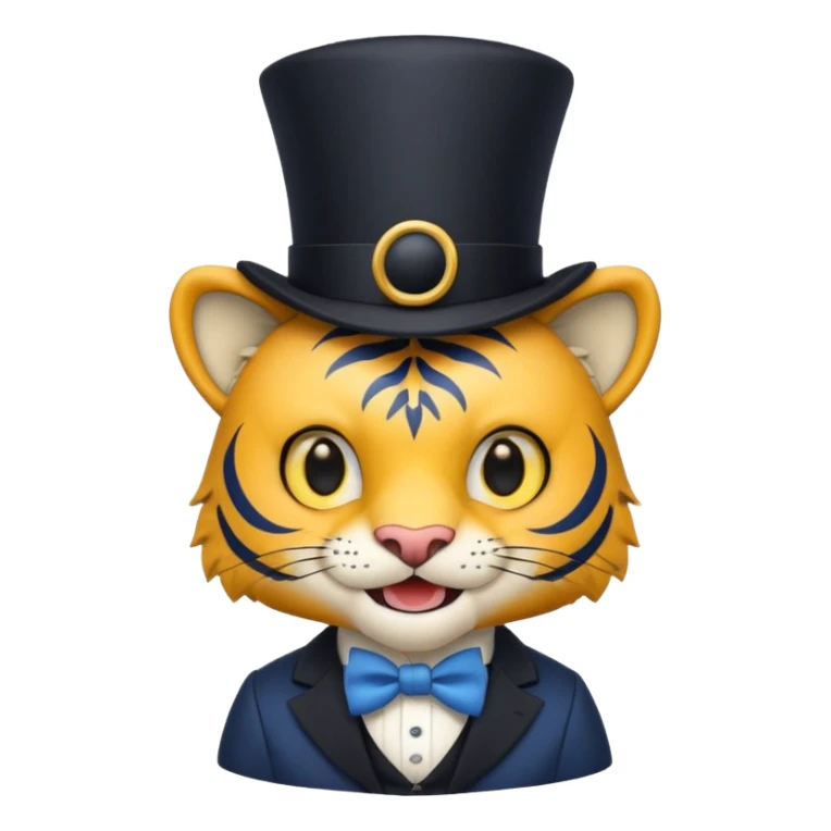 Blue chibi tiger with big yellow eyes and fangs, smiling, with a black crow wearing a top hat on its head. sticker