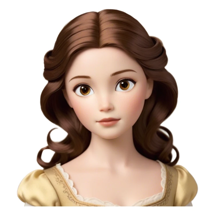 Cinematic Realistic Belle Portrait, depicted with lifelike skin texture, soft natural lighting, and intricately detailed brown hair styled elegantly. Her deep, expressive eyes exude warmth and intelligence, complemented by a serene and graceful expression. She is dressed in her classic attire, with rich fabric textures and delicate folds that catch the light beautifully. The portrait features a soft, enchanting glow with a natural, radiant finish, capturing the essence of timeless beauty in a realistic and painterly style, evoking a sense of depth and authenticity. sticker