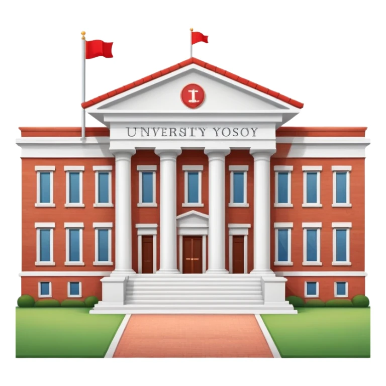 A flat cartoon-style university building with columns and a small flag on top. Red brick, symmetrical, clean design, white background, iOS emoji aesthetic. sticker