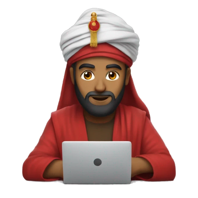 A caliph with turban and red clothes writing in a laptop sticker