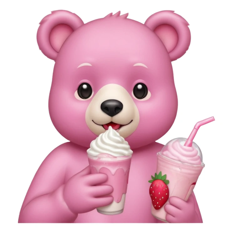 A pink bear is holding a strawberry and drinking a strawberry milkshake 
transparent background 
the style should be a teenager's hand-drawn, 2D, 2020s Japanese character-like sticker