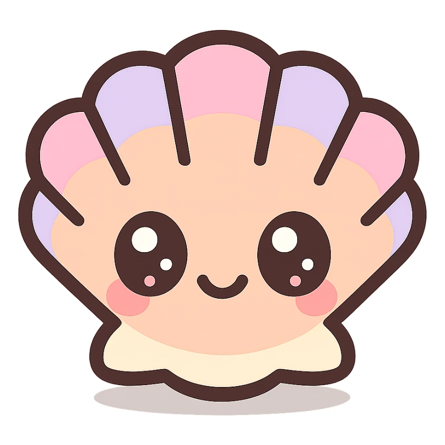 super kawaii chibi baby seashell character, soft pastel colors, big sparkling eyes, bolder outline, soft shadow, high contrast, minimal clean layout, PNG, transparent background sticker