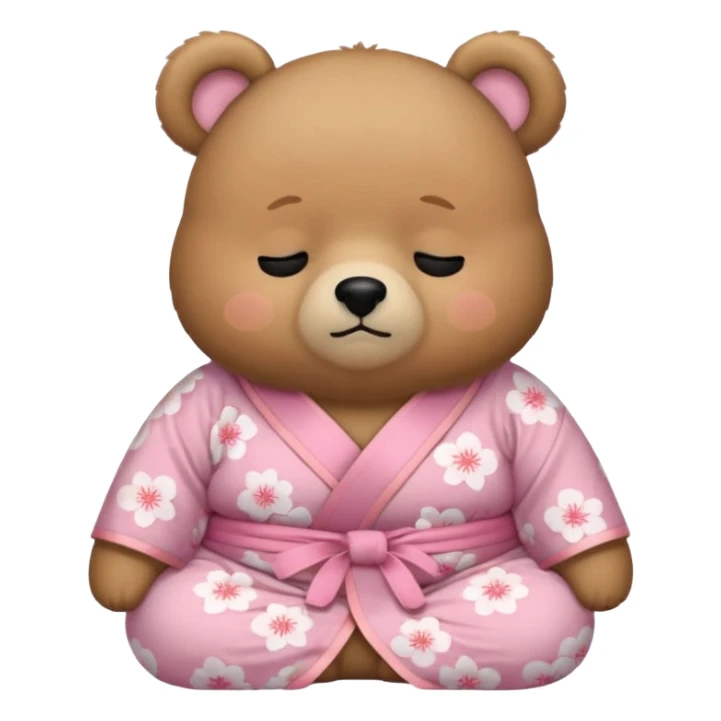 A cute chubby light-brown bear wearing a pastel pink sakura-patterned kimono, tiny body and big round head, adorable simple face, sleepy half-closed eyes, small blush on cheeks, sitting while dozing off, tiny “zzz” floating above the head sticker