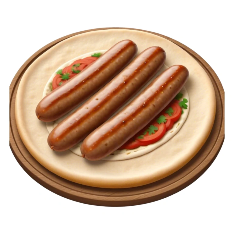 Cevapi Cinematic Realistic Cevapi Dish Emoji, depicted as modest, short, skinless sausages served with traditional flat bread, rendered with realistic textures and rustic, inviting lighting. sticker