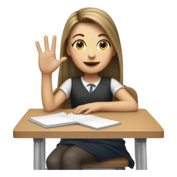 A white girl with one raised hand at a desk at school  sticker