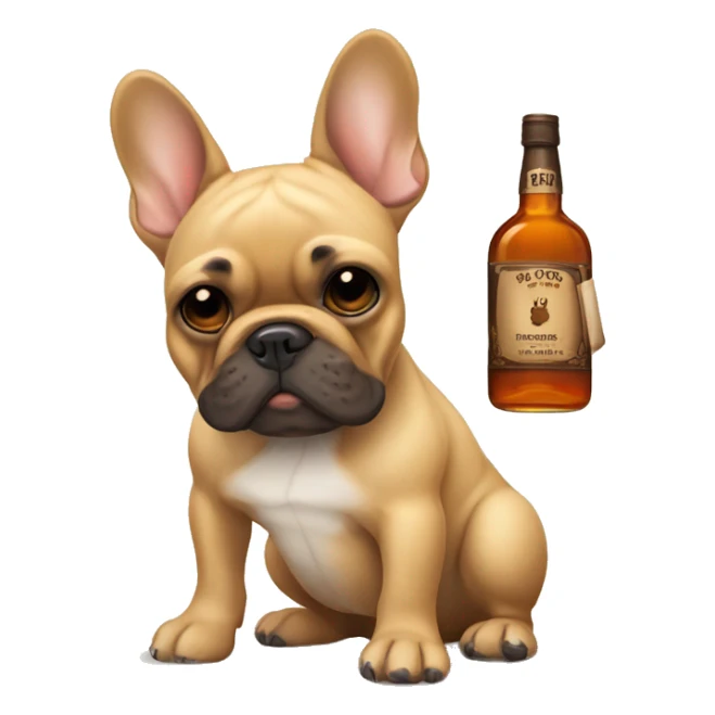 Tan French bulldog with a bottle of whiskey  sticker