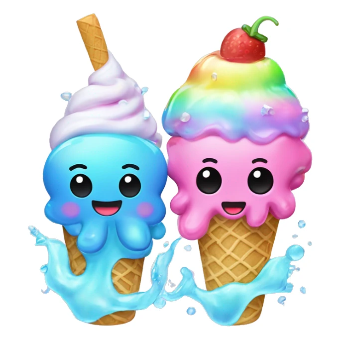 Two Kawaii pastel neon rainbow bedazzled sea creatures enjoying ice cream that looks like kawaii squids  sticker
