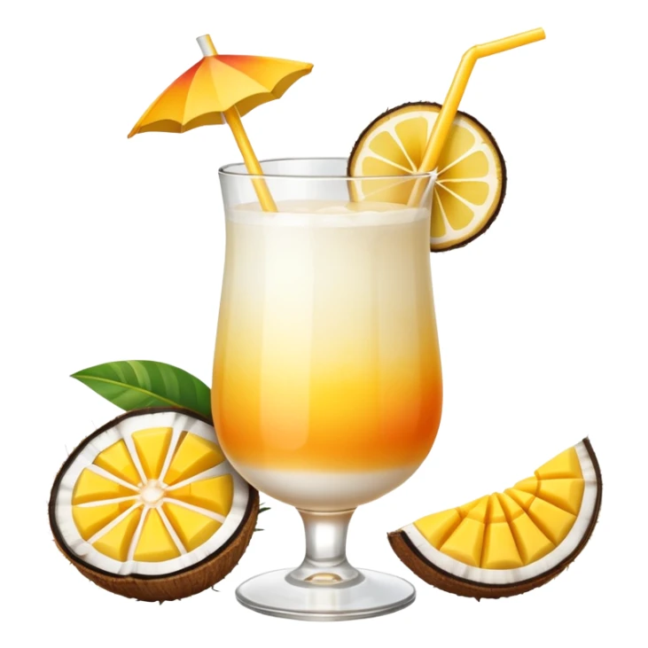 A beautiful cocktail with a creamy white to orange gradient, containing coconut juice and mango, reminiscent of summer. Above, there are tropical flowers, lemon slices, and a straws. sticker