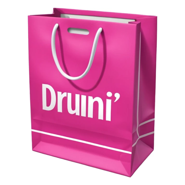 Fuchsia pink paper bag with white handles, repeating DRUNI pattern in light pink and a large vertical 'DRUNI' in bold white letters in the center, iOS emoji style, shiny and realistic. sticker