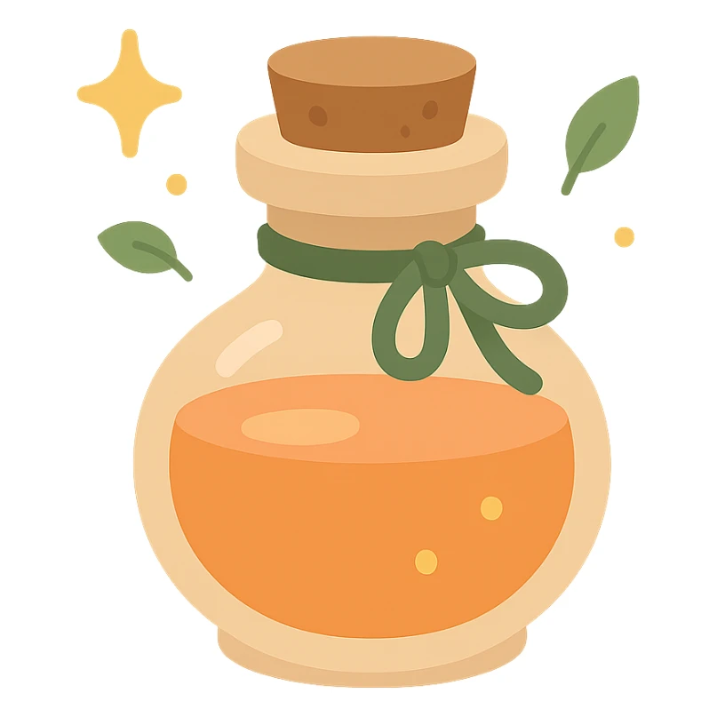 "A cute potion bottle with a whimsical and cozy design, featuring soft and warm colors: golden orange (FA9B41), deep forest green (4A7C5C), muted taupe brown (96775A), and pastel peach (FFCC9A). The bottle is small, round, and slightly vintage in style, with a cork stopper and a delicate ribbon tied around its neck. The potion inside glows faintly with a peachy-orange hue. Surroundings include soft lighting and a magical atmosphere, possibly with sparkles or tiny floating leaves, emphasizing a warm and enchanting mood. The style is charming, storybook-like, and detailed sticker