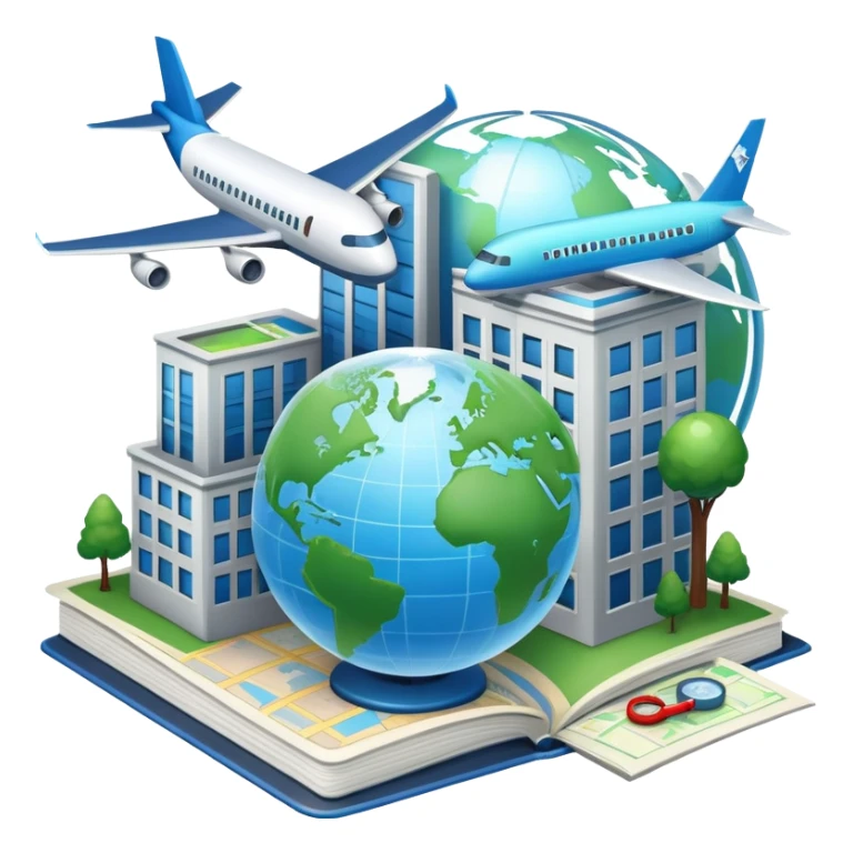 An icon featuring a hotel building, and a globe, symbolizing the scientific study of tourism and hospitality. The design includes a map, a plane and train, a compass, and a checklist, representing travel planning and service management. Transparent background sticker