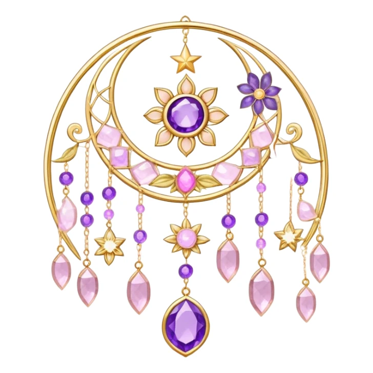 Epic beautiful gorgeous cute gold suncatcher, threads with shiny sparkly amethyst and rose-quartz gemstones, flowers, moons, stars, leaves sticker