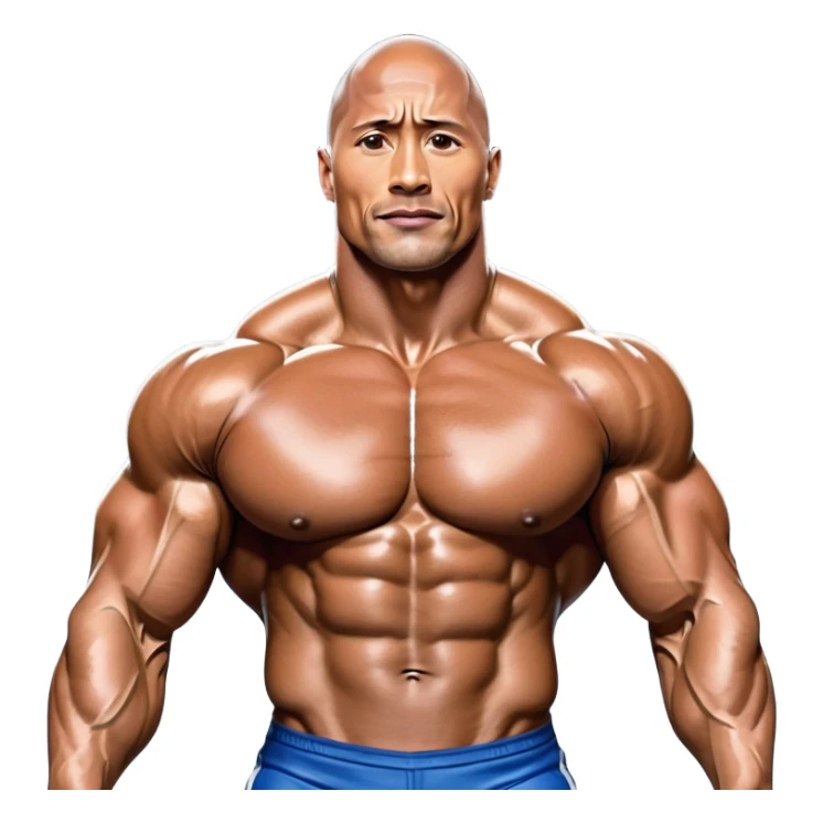 Dwayne Johnson, covered in oil, on stage at a Mr. Universe bodybuilding competition, striking a 'Side Triceps' pose. His defined muscles gleam under the bright lights, with the audience and judges in the background, capturing the intense focus and strength of the moment. Transparent background. sticker