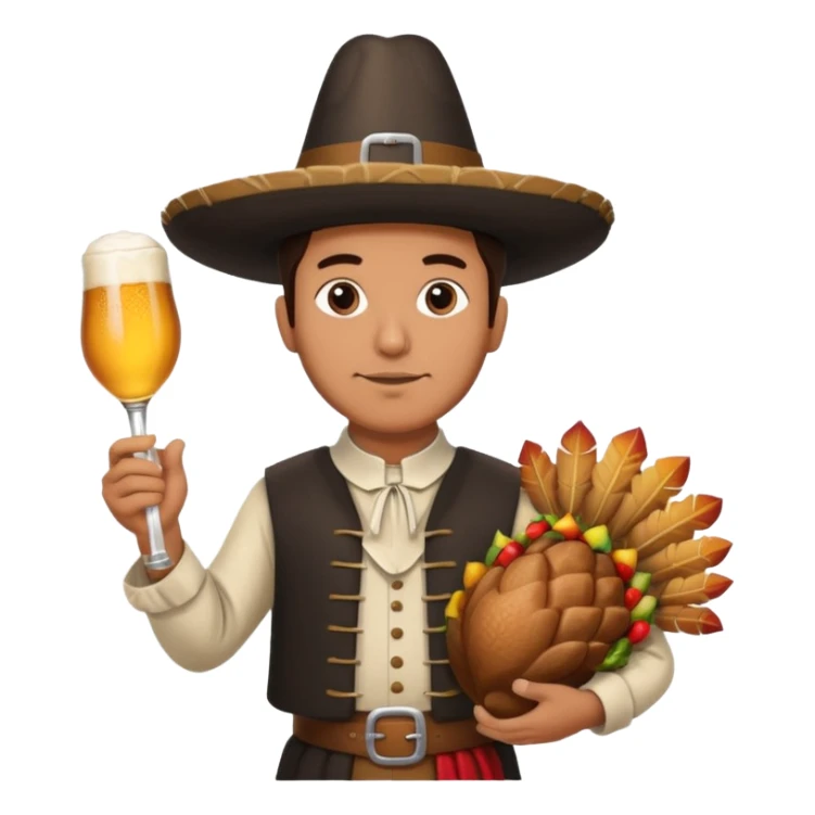 Mexican man dressesd as  Thanksgiving pilgram holding a large drumstick and Corona beer sticker