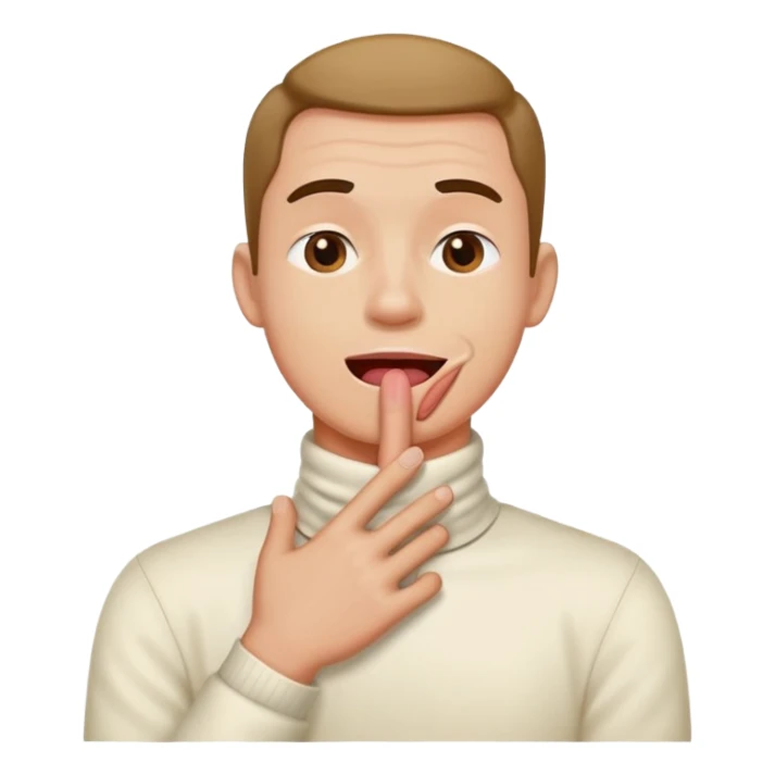 A man holding his neck with crossed hand while his tounge is pit sticker