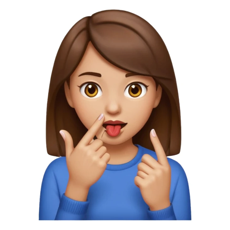 Basic emoji girl biting her nails, but in a flirty ways, a bit darker skin ( not so brown), brown hair and only one pointing finger sticker