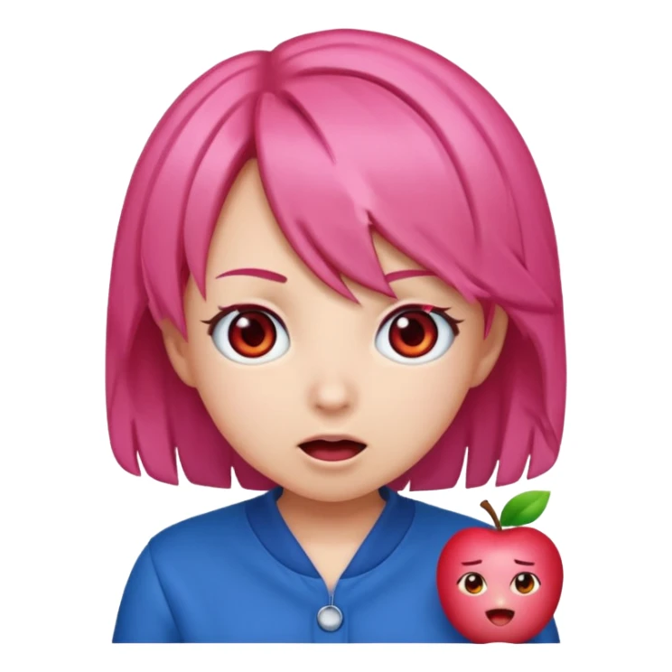 Teto Kasane emoji, apple style, pink twin-drill hair, red eyes, blue outfit, surprised expression sticker