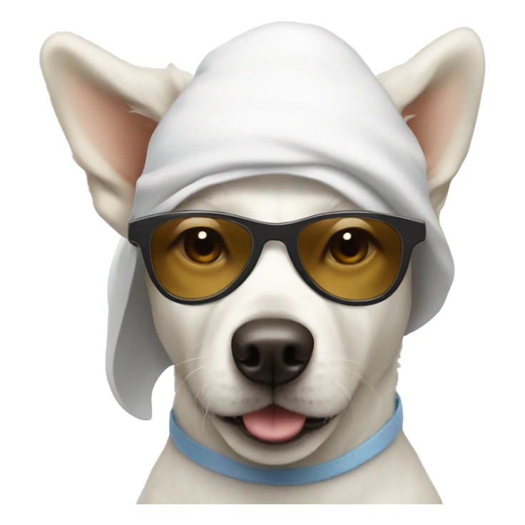 White dog with sunglasses and a bonnet sticker