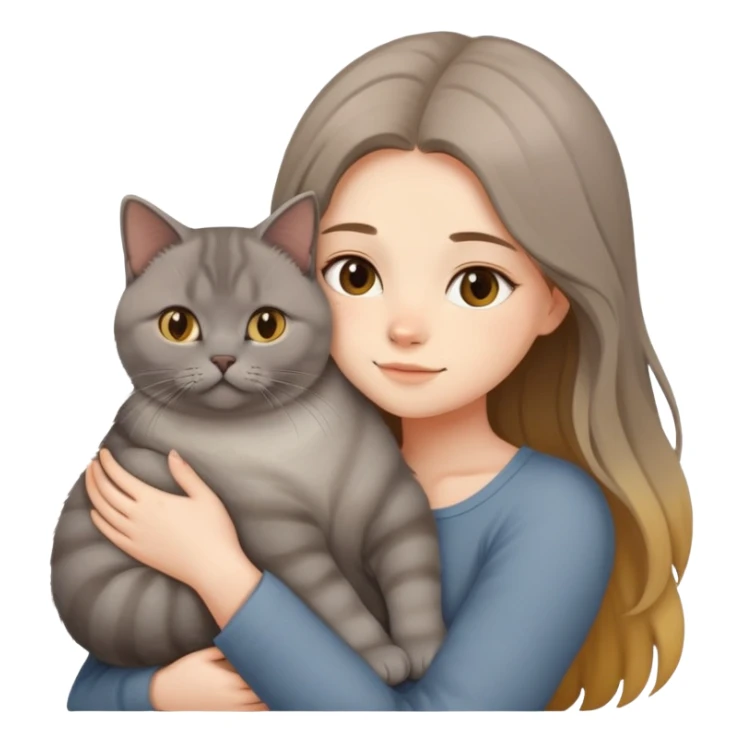 A long-haired girl hugs a British shorthair cat with a brown gradient to light yellow color sticker