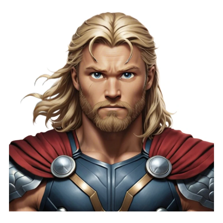 Cinematic Realistic Thor Portrait, depicted with lifelike skin texture and a commanding, muscular build that radiates divine strength. His piercing eyes, framed by rugged, flowing hair and a well-groomed beard, exude both determination and amiable authority. Clad in his signature armor with subtle hints of mystical lightning, the portrait is rendered in dynamic natural lighting with a radiant, heroic glow. sticker