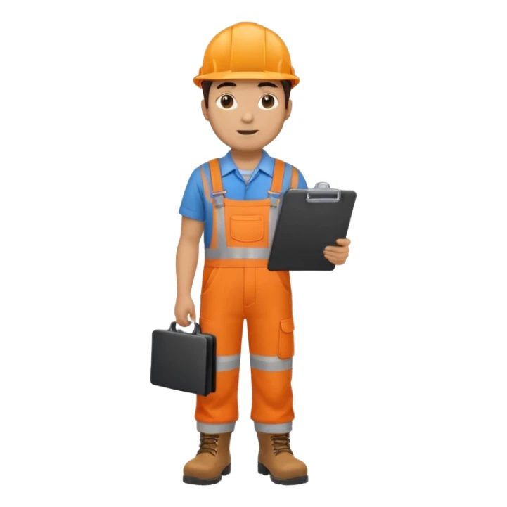Male railway engineer orange overalls, boots holding a clipboard in one hand sticker