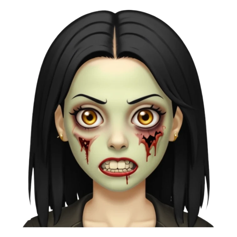 Faça uma zombie mulher com grillz com olhos castanhos cabelos liso preto partido ao meio e estilo baddie sticker