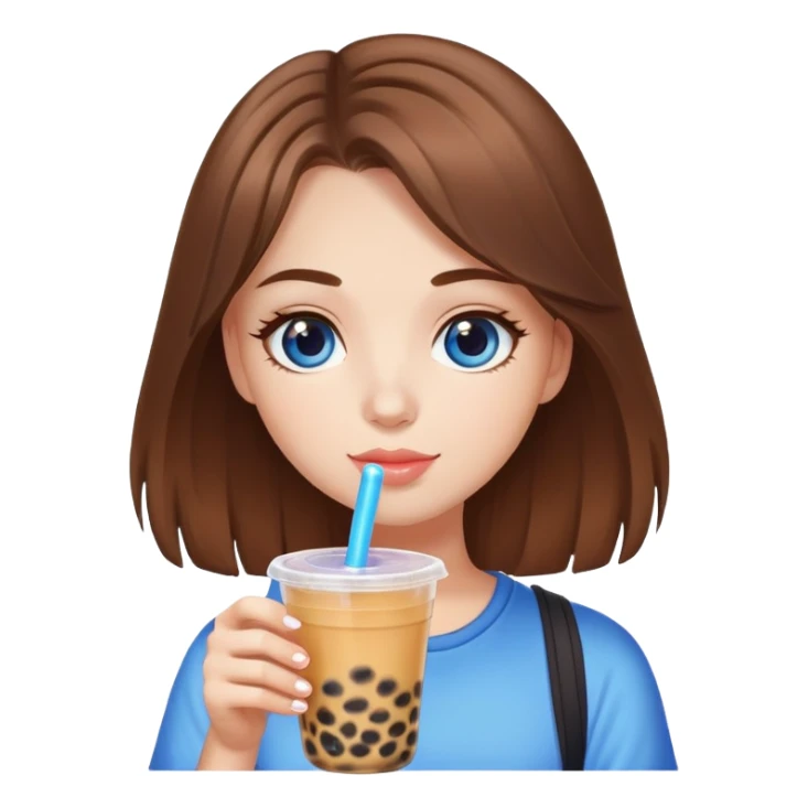 White girl with brown hair and blue eyes drinking bubble tea sticker