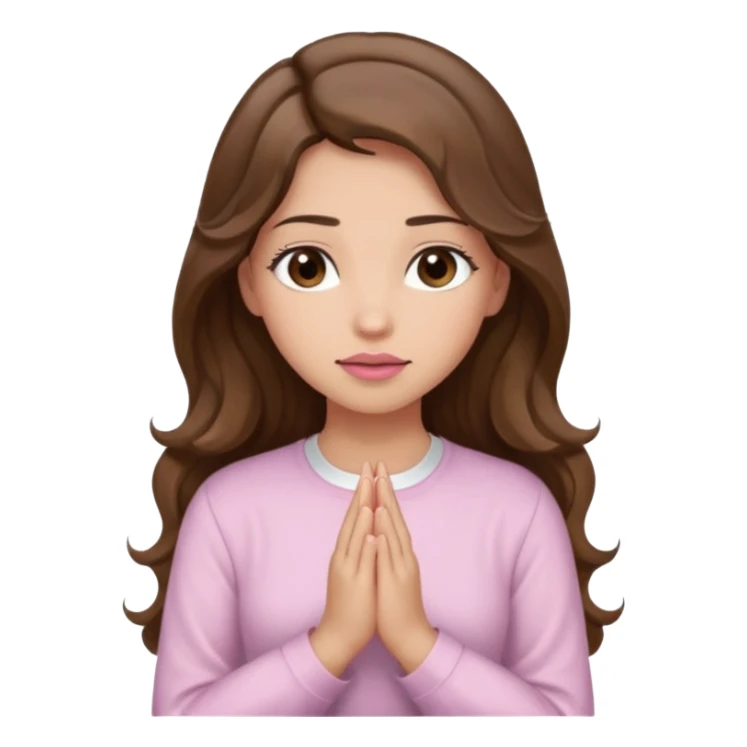 girl with wavy long brown hair, brown eyes, light to medium complexion, long lashes, light pink lipstick, praying, wearing light pink shirt sticker