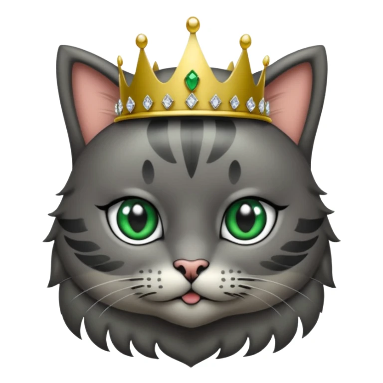 Gatito gris oscura con rayas negras ojos verdes vestida de reina con coronas y diamantes, más peluda y gordura  sticker
