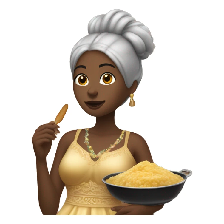 Woman with a black pixi cut, making a Spanish cocido while wearing a grand night gown with feathers sticker