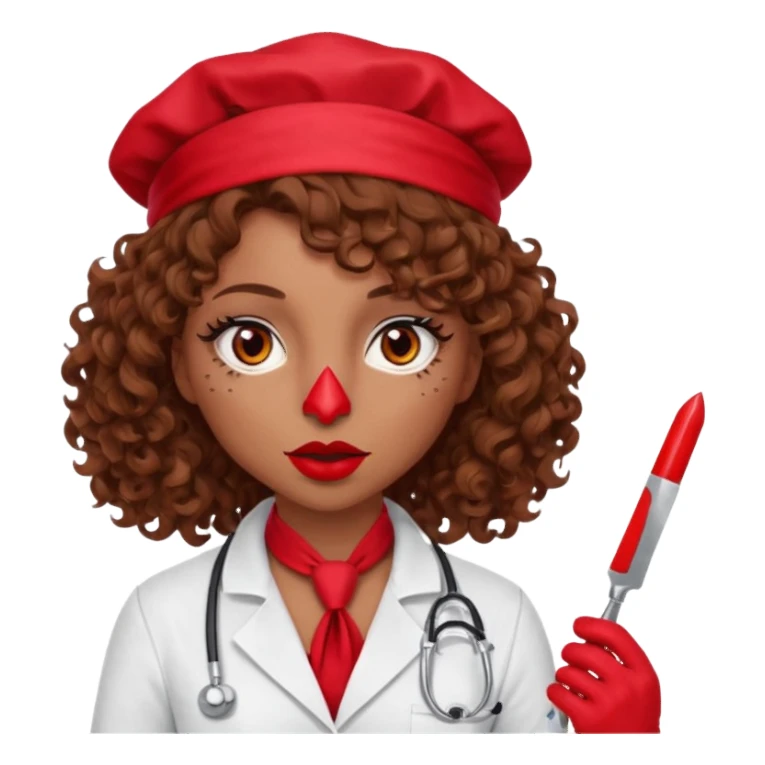 Lilith scalpel in hand, evil surgeon sexy surgeon clothes.  She has red eyes.Her  brown curly hair. Wears sexy doctor outfit with red gloves. Hides mouth necknose with red bandana to hide her identity. Hair is long and brown sticker