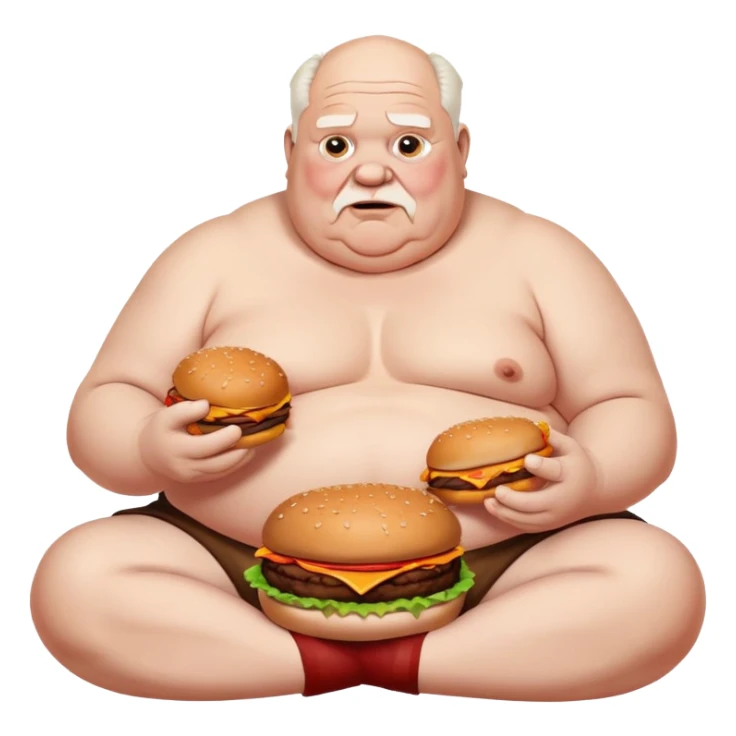 Fat old  man sitting down shirtless eating a bunch of burgers while having crumbs and sauce everywhere  sticker