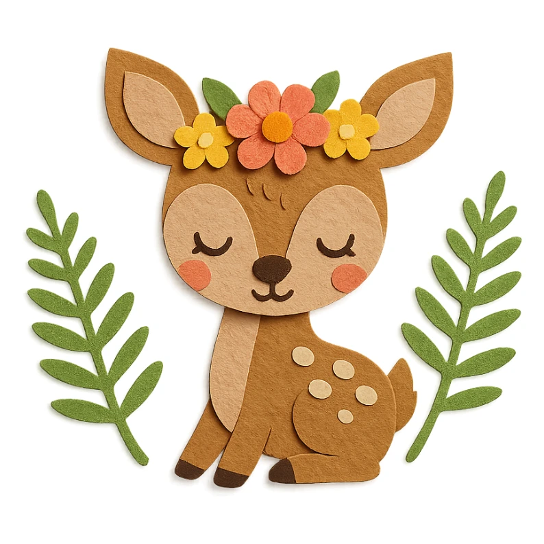 baby deer with a flower crown, surrounded by ferns, paper craft style sticker
