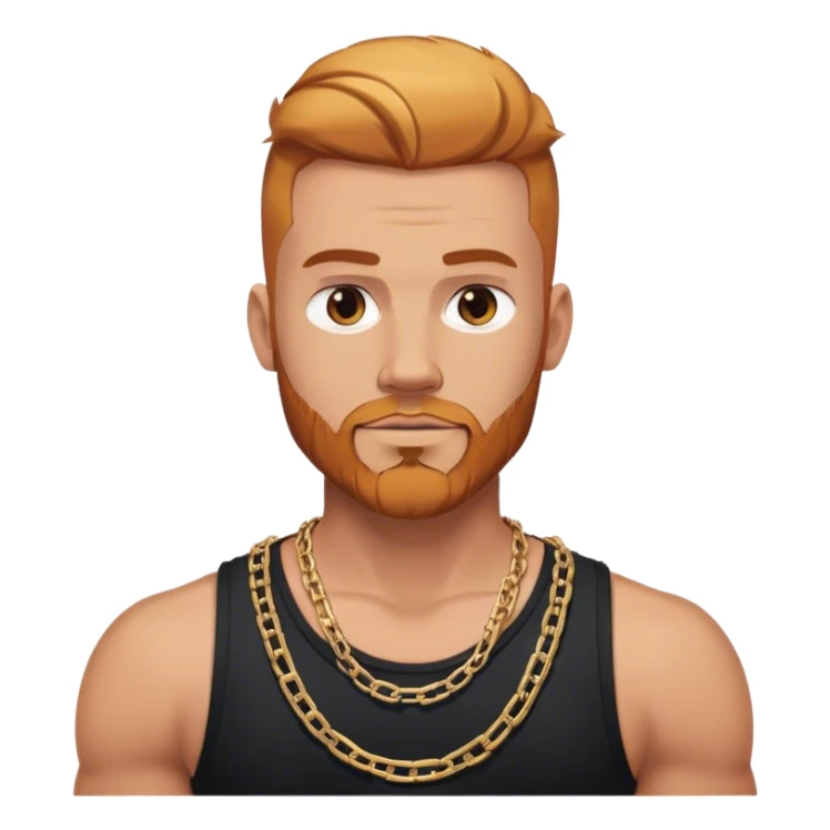 Buff guy selfie with thick chain link necklace and reddish blonde hair and beard with shaved sides of head and blond highlights on top in black tank top sticker