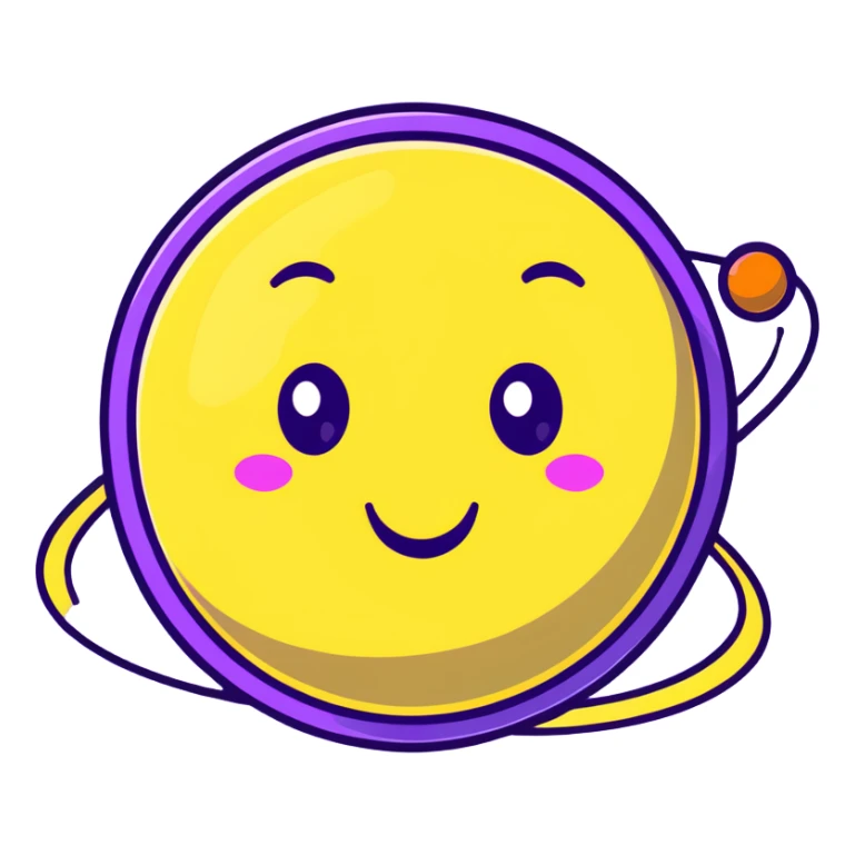 fantasy yellow planet with colorful rings and a cute happy face sticker